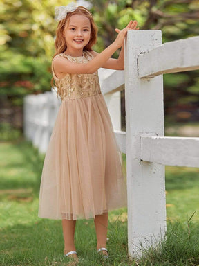 Color=Gold | Dainty Sleeveless Tulle Flower Girl Dress For Wedding With Sequin-Gold 4