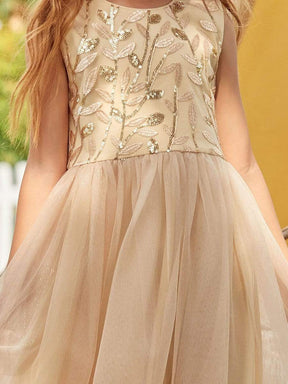 Color=Gold | Dainty Sleeveless Tulle Flower Girl Dress For Wedding With Sequin-Gold 5