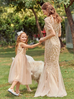 Color=Gold | Dainty Sleeveless Tulle Flower Girl Dress For Wedding With Sequin-Gold 7