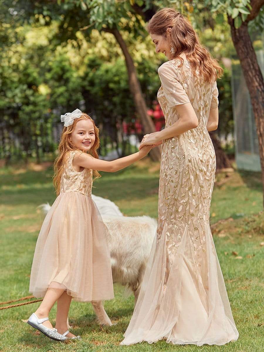 Color=Gold | Dainty Sleeveless Tulle Flower Girl Dress For Wedding With Sequin-Gold 7