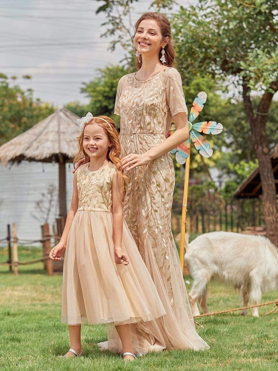 Color=Gold | Dainty Sleeveless Tulle Flower Girl Dress For Wedding With Sequin-Gold 8