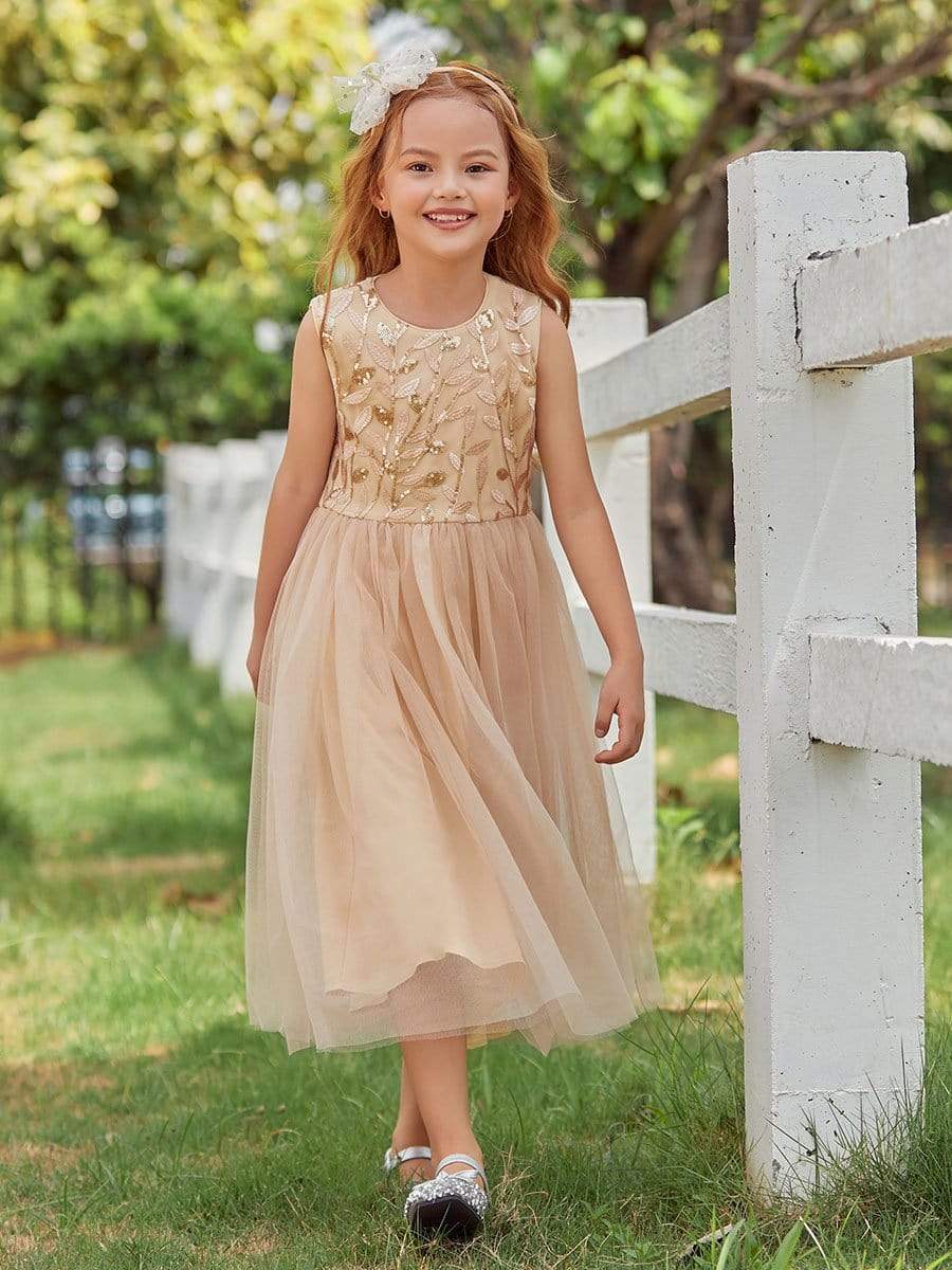 Color=Gold | Dainty Sleeveless Tulle Flower Girl Dress For Wedding With Sequin-Gold 1