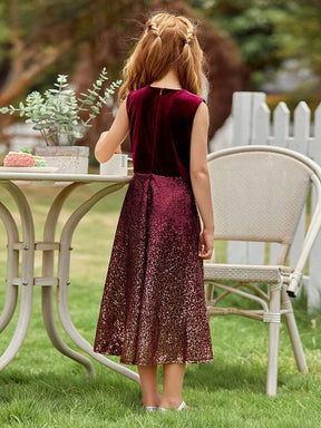 Color=Burgundy | Trendy O-Neck Sleeveless Velvet & Sequin Flower Girl Dress-Burgundy 2