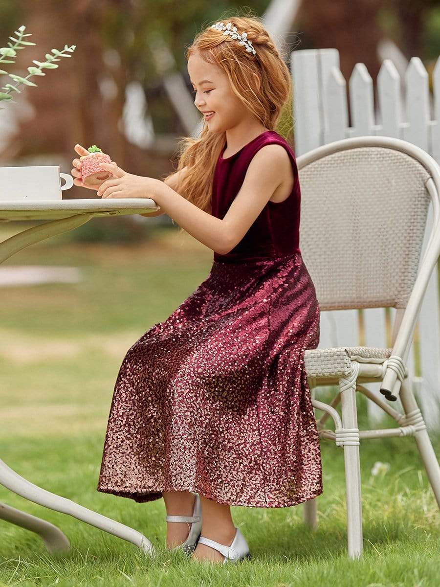 Color=Burgundy | Trendy O-Neck Sleeveless Velvet & Sequin Flower Girl Dress-Burgundy 3