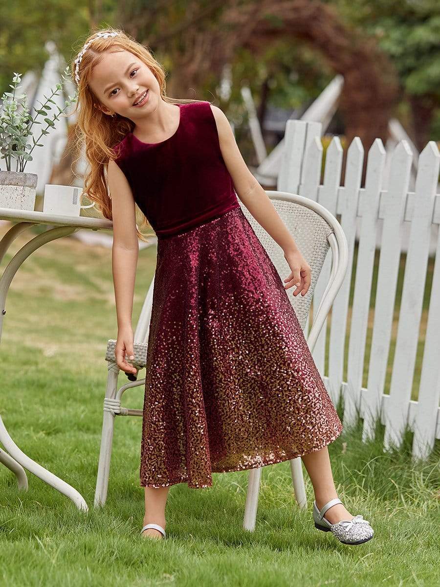 Color=Burgundy | Trendy O-Neck Sleeveless Velvet & Sequin Flower Girl Dress-Burgundy 4