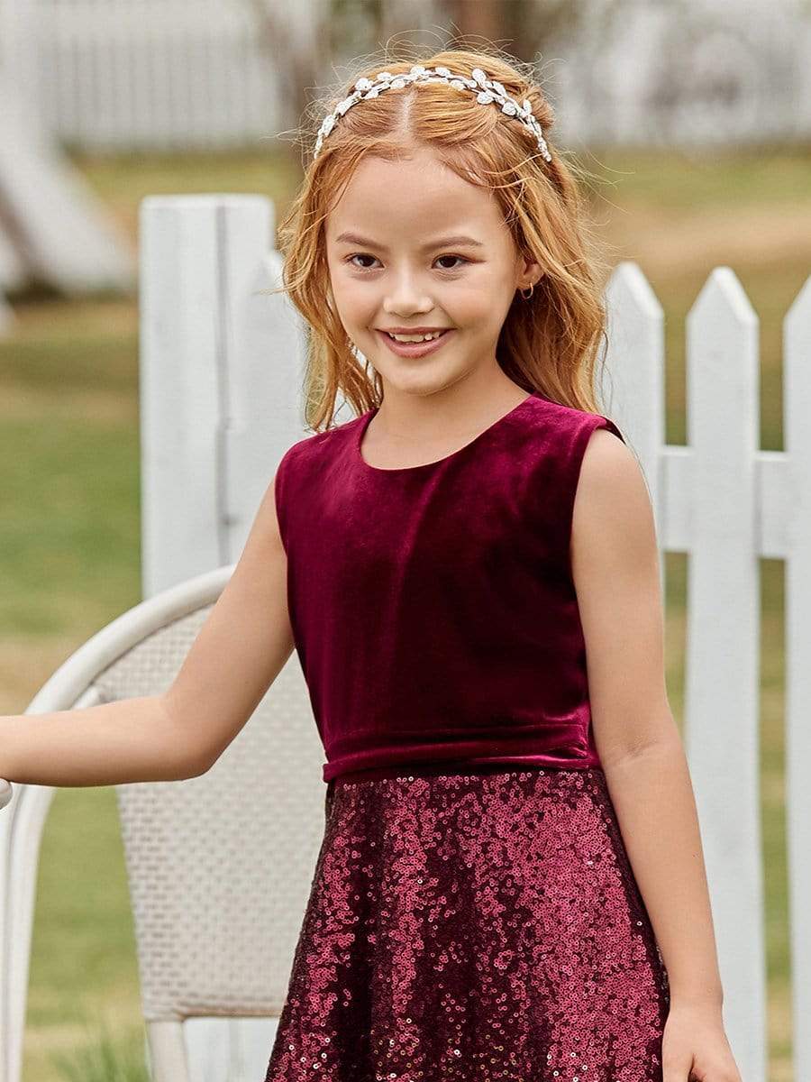 Color=Burgundy | Trendy O-Neck Sleeveless Velvet & Sequin Flower Girl Dress-Burgundy 5