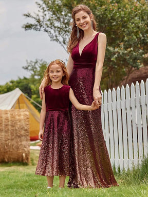 Color=Burgundy | Trendy O-Neck Sleeveless Velvet & Sequin Flower Girl Dress-Burgundy 6