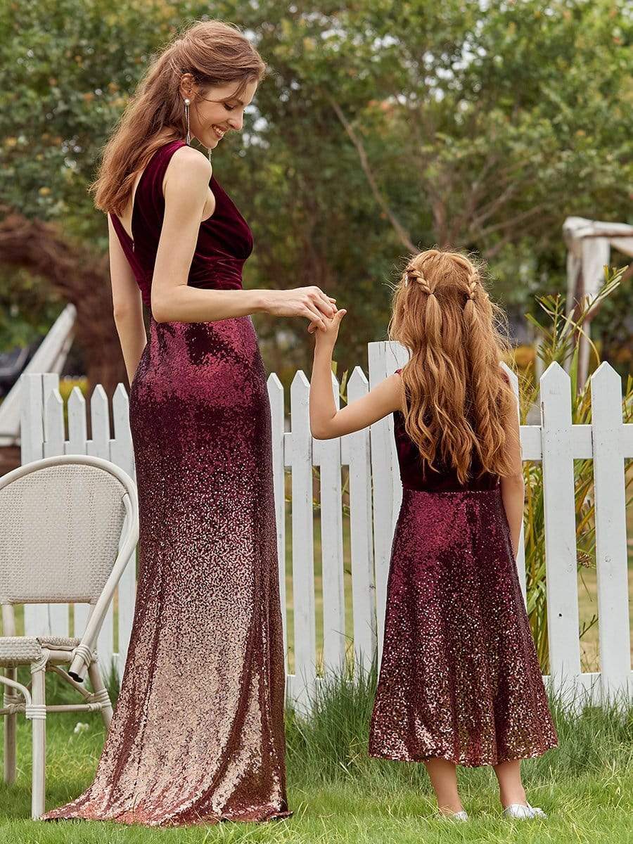 Color=Burgundy | Trendy O-Neck Sleeveless Velvet & Sequin Flower Girl Dress-Burgundy 7