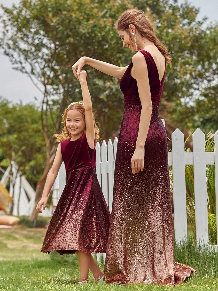 Color=Burgundy | Trendy O-Neck Sleeveless Velvet & Sequin Flower Girl Dress-Burgundy 9