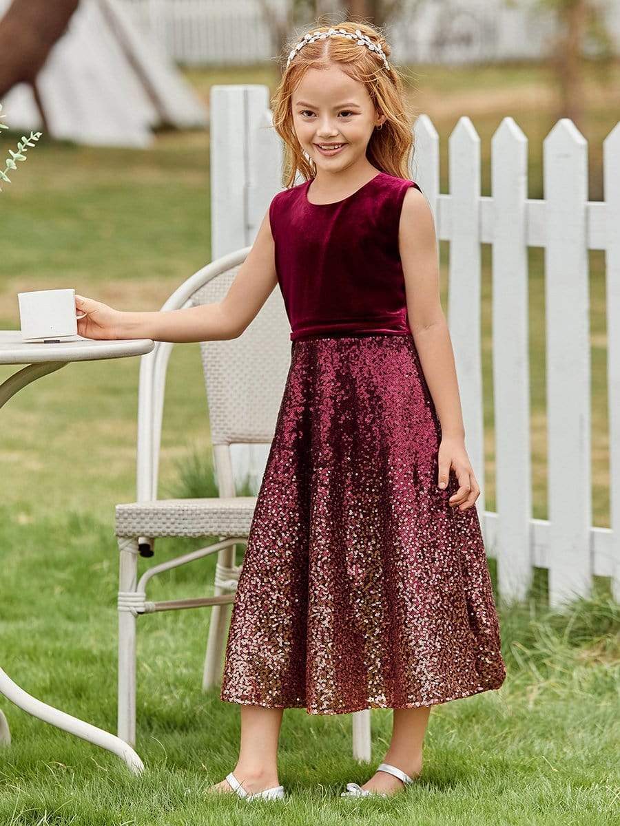 Color=Burgundy | Trendy O-Neck Sleeveless Velvet & Sequin Flower Girl Dress-Burgundy 1