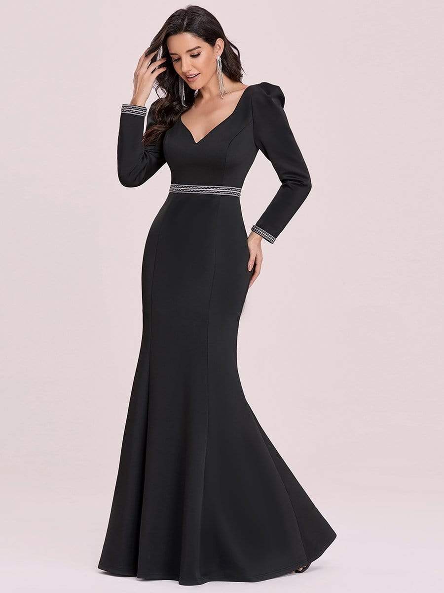Color=Black | Bodycon Sweetheart Neckline Fishtail Evening Dress With Long Sleeves-Black 6