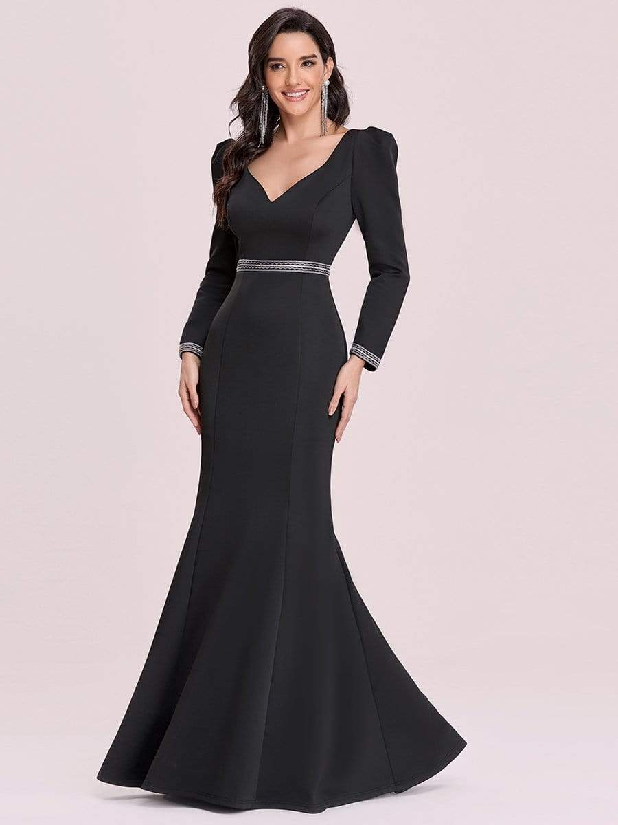 Color=Black | Bodycon Sweetheart Neckline Fishtail Evening Dress With Long Sleeves-Black 7