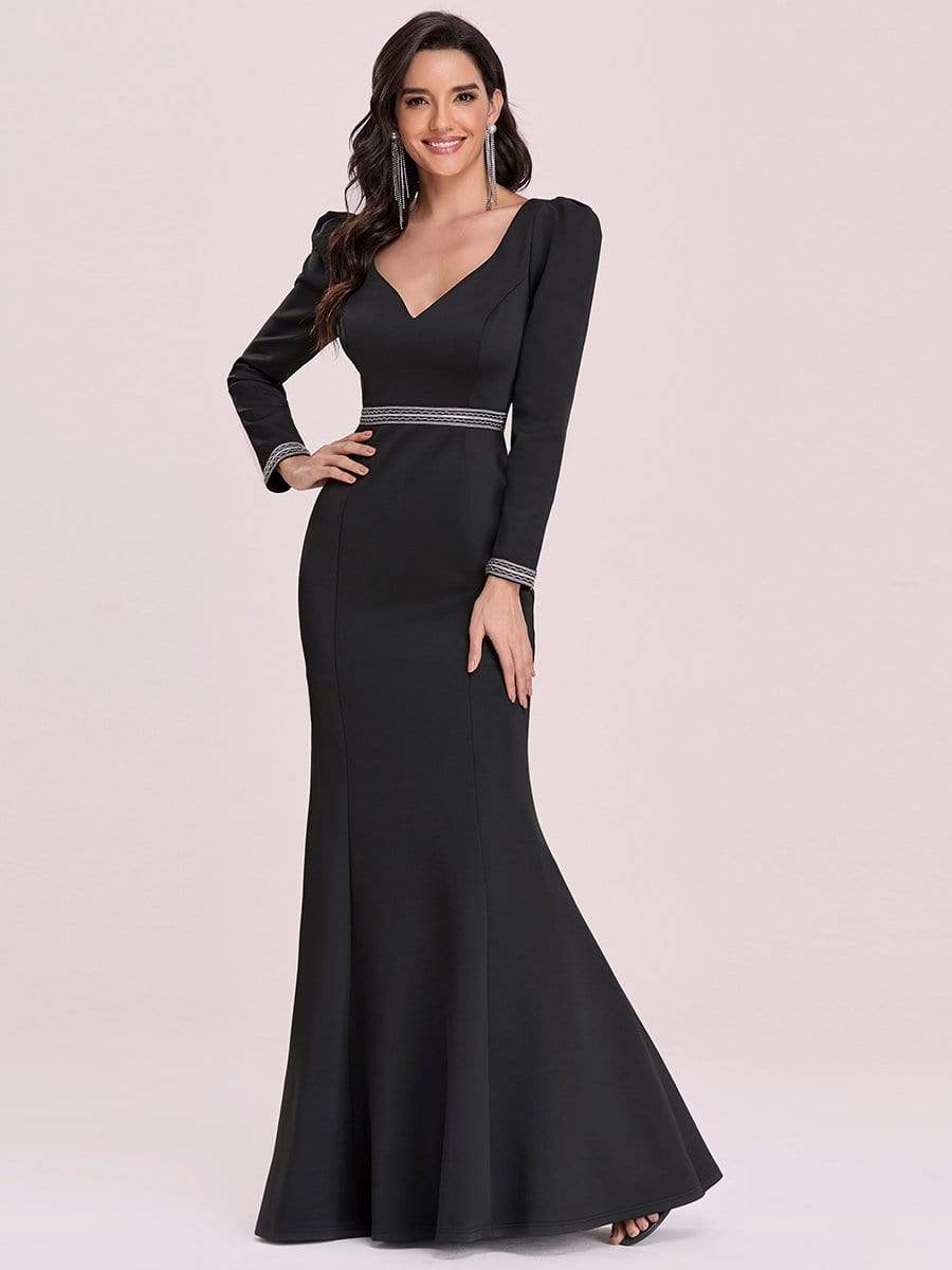 Color=Black | Bodycon Sweetheart Neckline Fishtail Evening Dress With Long Sleeves-Black 4
