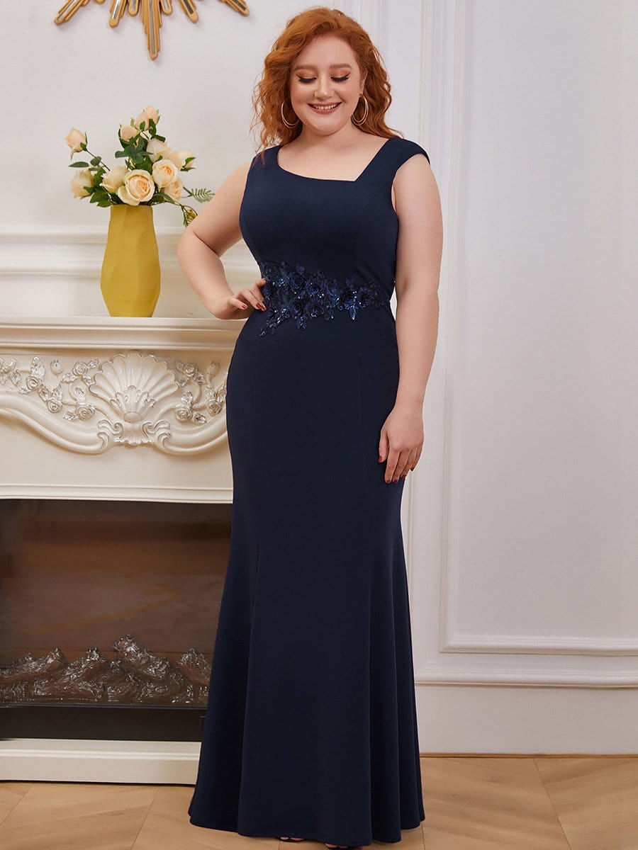 Color=Navy Blue | Plus Size Floral Applique Bodycon Elegant Fishtail Floor Length Mother Of The Bride Dress-Navy Blue 3