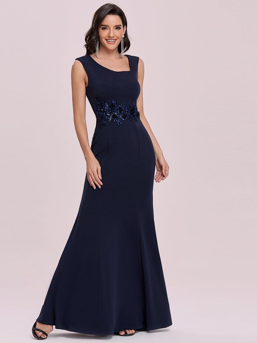 Color=Navy Blue | Floral Applique Bodycon Fishtail Long Mother Of The Bride Dress-Navy Blue 3