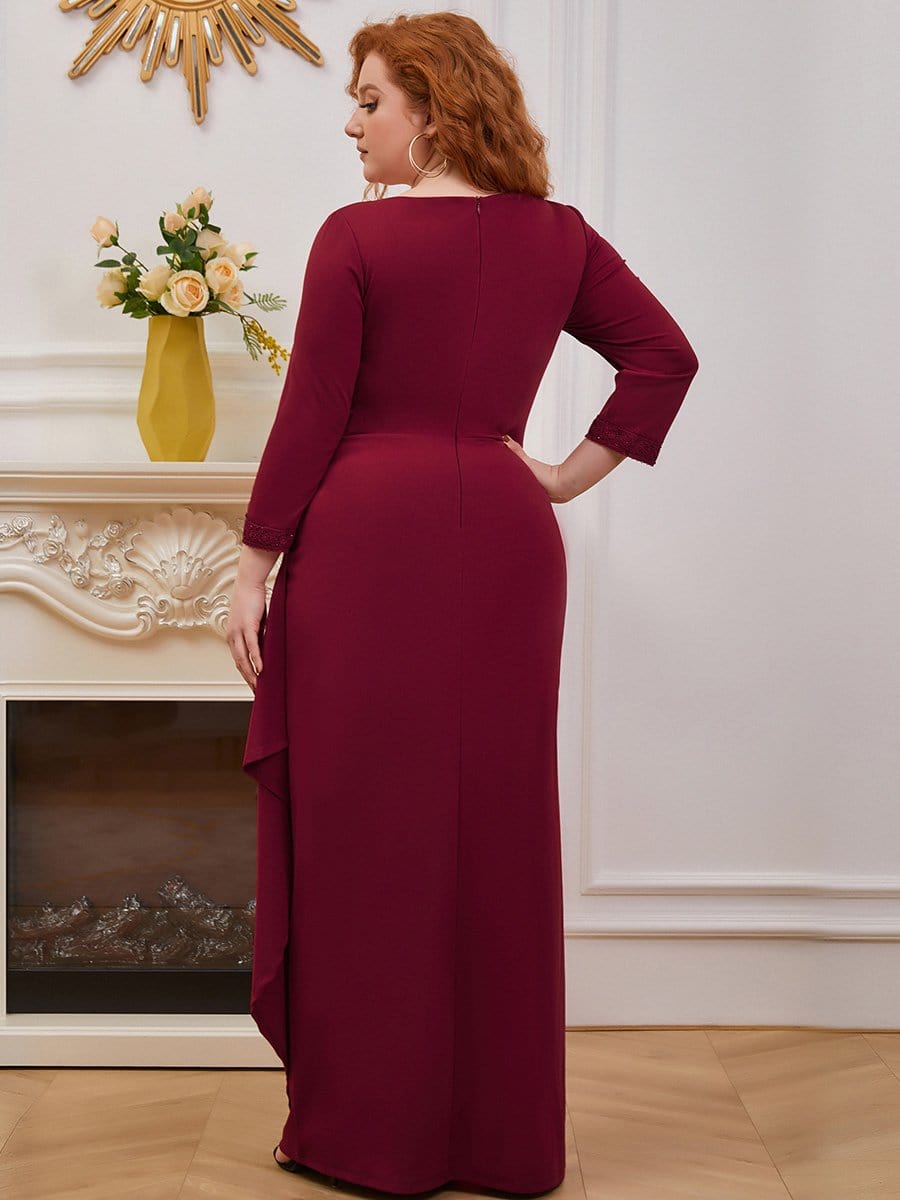 Color=Burgundy | Plus Size Scoop Neck Pleated Waist Long Mother Of The Bride Dress-Burgundy 2