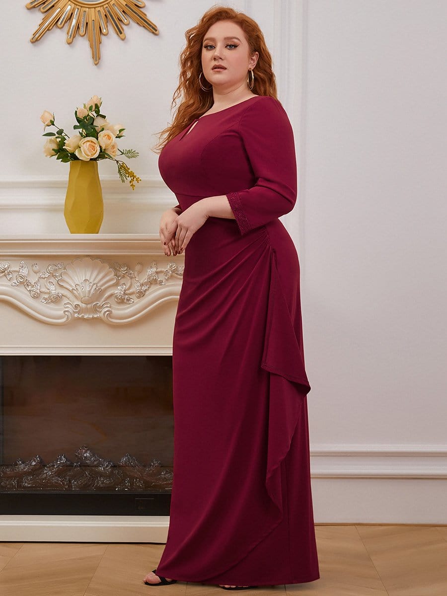 Color=Burgundy | Plus Size Scoop Neck Pleated Waist Long Mother Of The Bride Dress-Burgundy 3