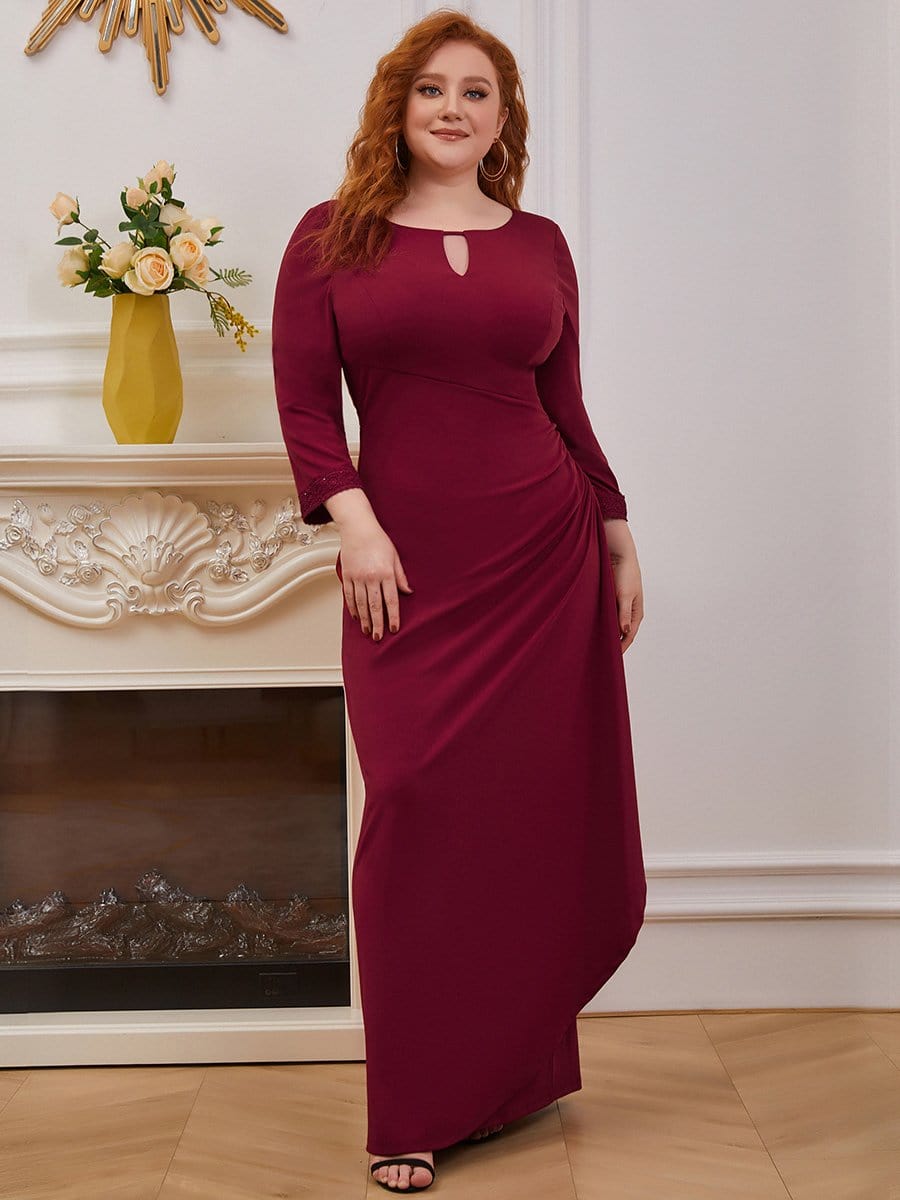 Color=Burgundy | Plus Size Scoop Neck Pleated Waist Long Mother Of The Bride Dress-Burgundy 4