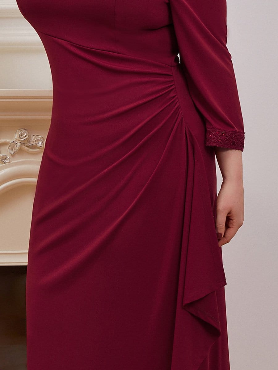 Color=Burgundy | Plus Size Scoop Neck Pleated Waist Long Mother Of The Bride Dress-Burgundy 5