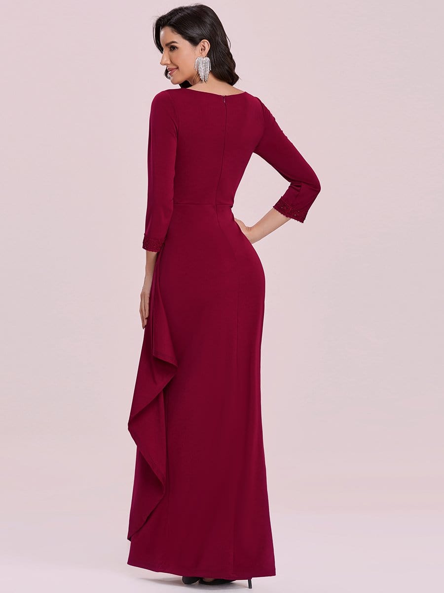 Color=Burgundy | Elegant Ruffled Asymmetric Pleated Waist Mother Of The Bride Dress-Burgundy 4