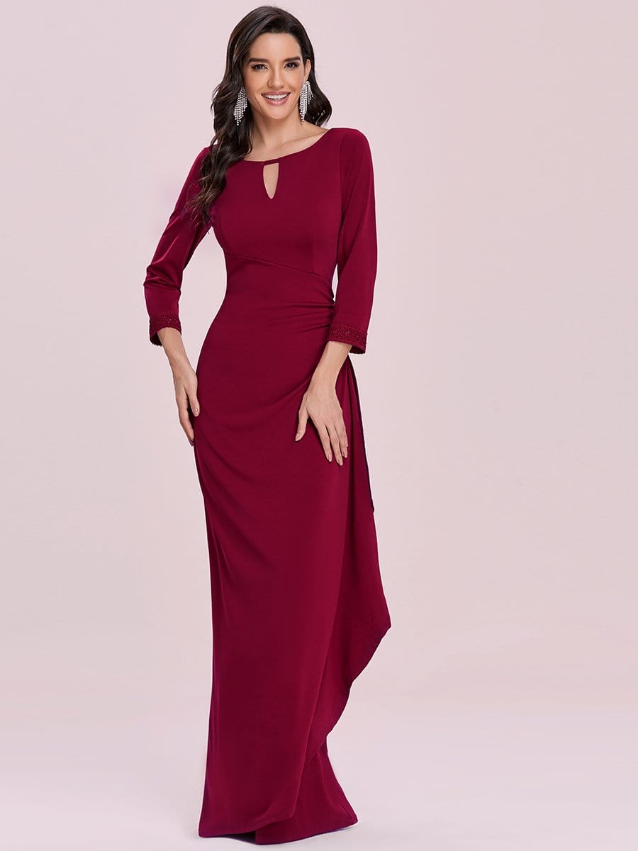 Color=Burgundy | Elegant Ruffled Asymmetric Pleated Waist Mother Of The Bride Dress-Burgundy 3