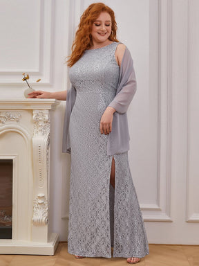 Color=Grey | Elegant Plus Size Maxi Lace Mother Of Bride Dress With High Split-Grey 3