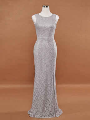 Color=Grey | Elegant Sleeveless Round-Neck Split Lace Maxi Mother Of Bride Dress-Grey 7