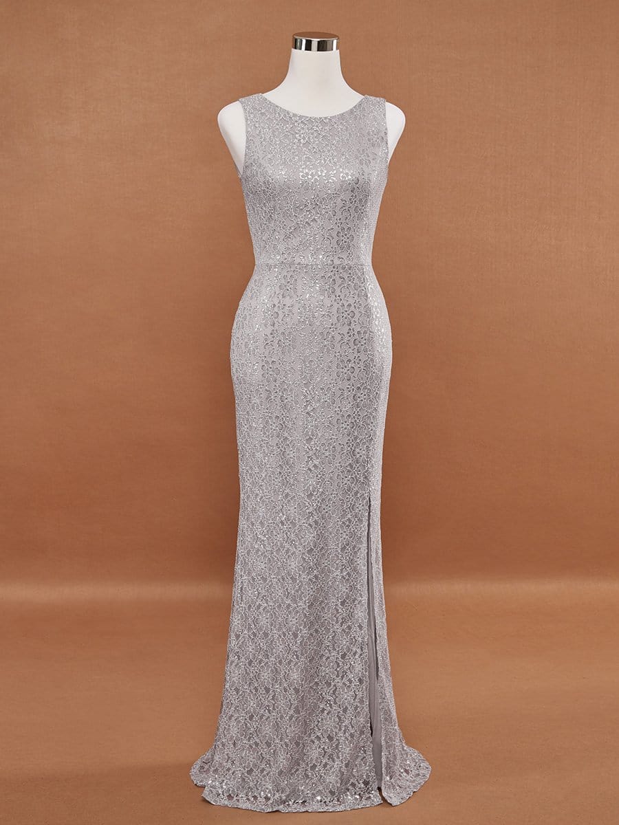 Color=Grey | Elegant Sleeveless Round-Neck Split Lace Maxi Mother Of Bride Dress-Grey 7