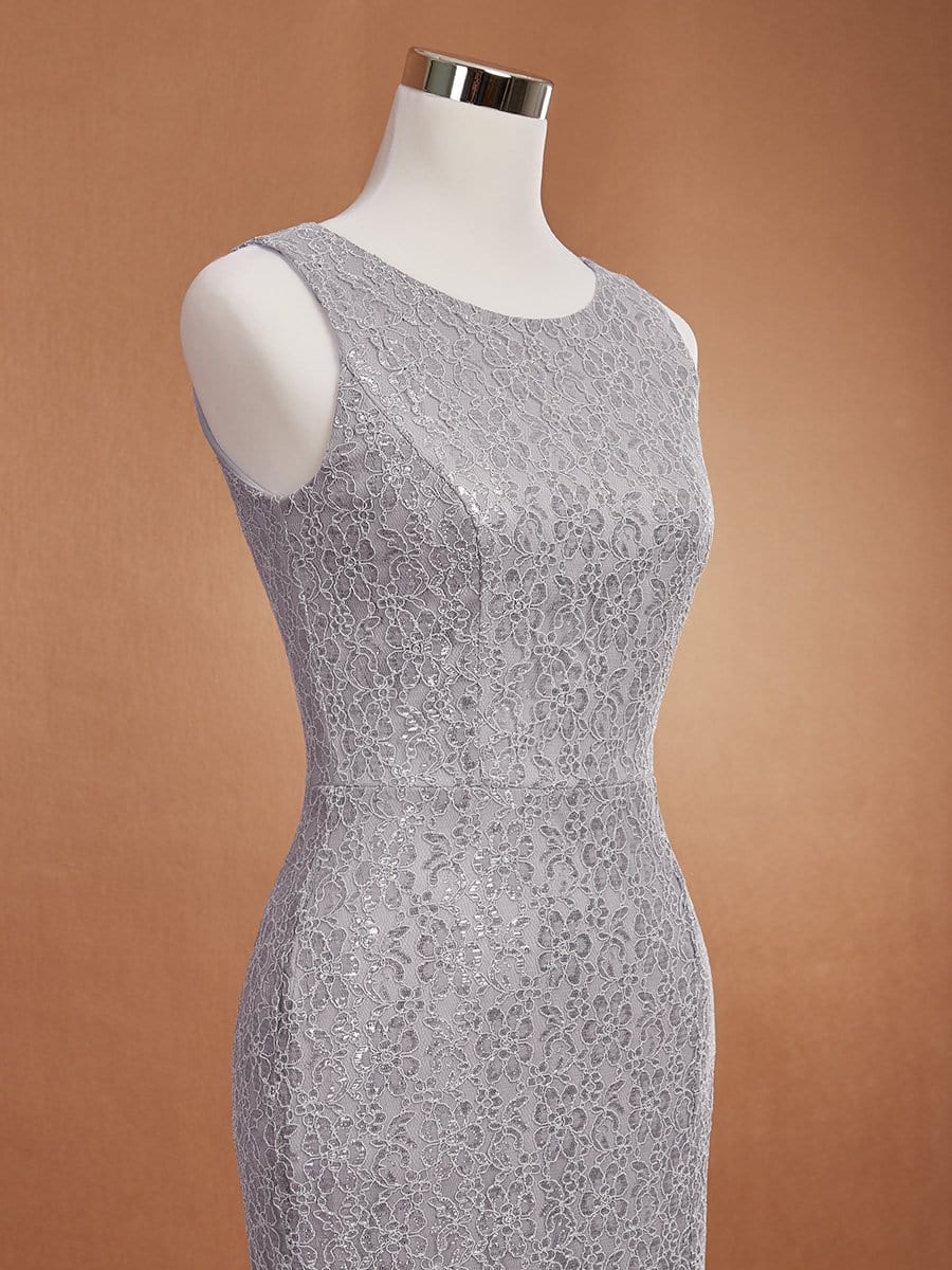 Color=Grey | Elegant Sleeveless Round-Neck Split Lace Maxi Mother Of Bride Dress-Grey 8