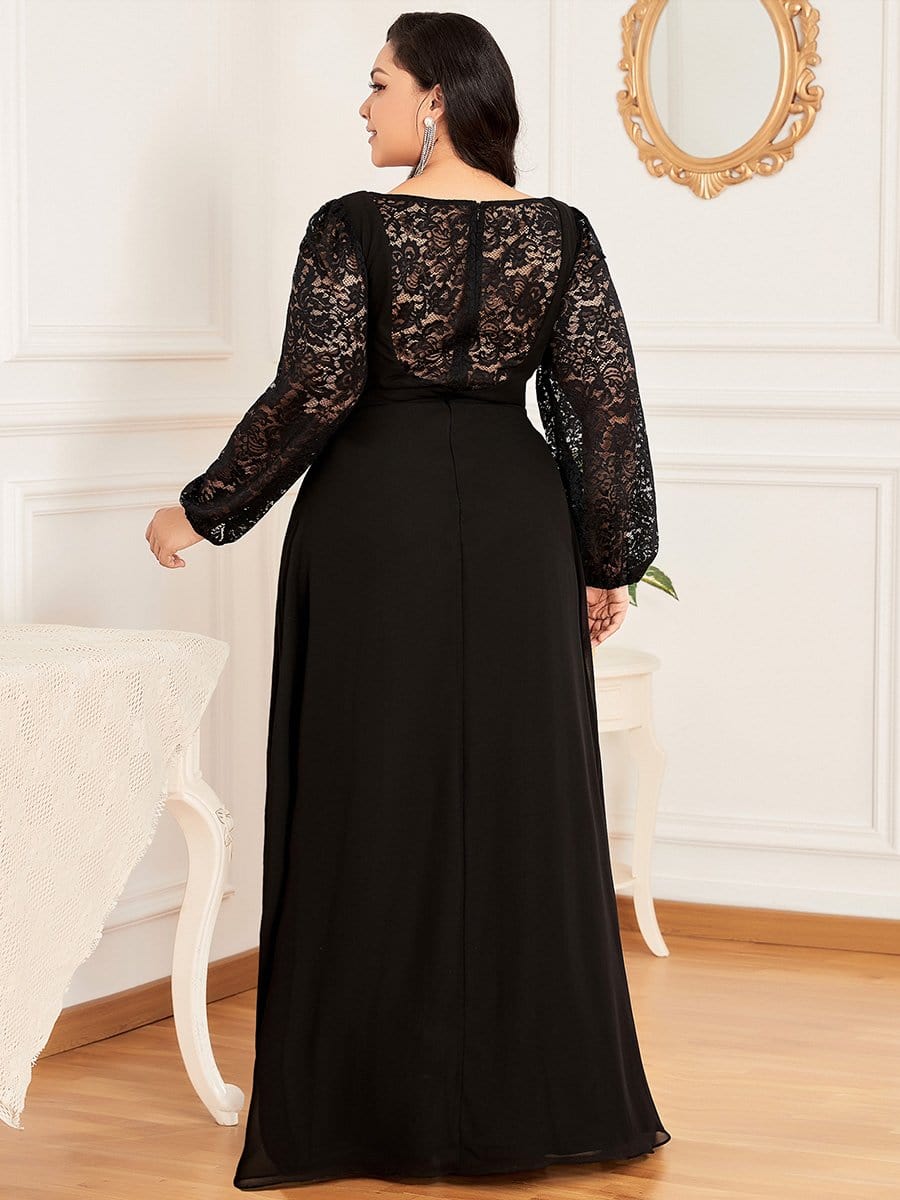 Color=Black | Plus Size Long Sleeves Deep V Embroidered Formal Long Dress-Black 2