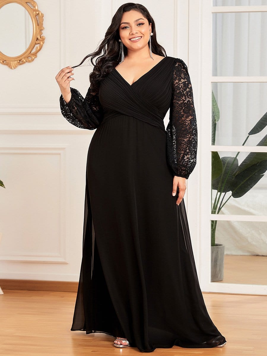 Color=Black | Plus Size Long Sleeves Deep V Embroidered Formal Long Dress-Black 4