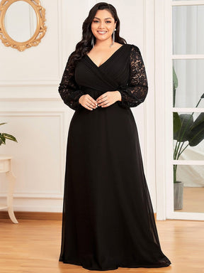 Color=Black | Plus Size Long Sleeves Deep V Embroidered Formal Long Dress-Black 1