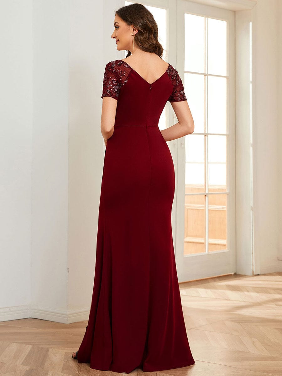 Short Sequin Sleeve V-Neck Front Slit Mother of the Bride Dress