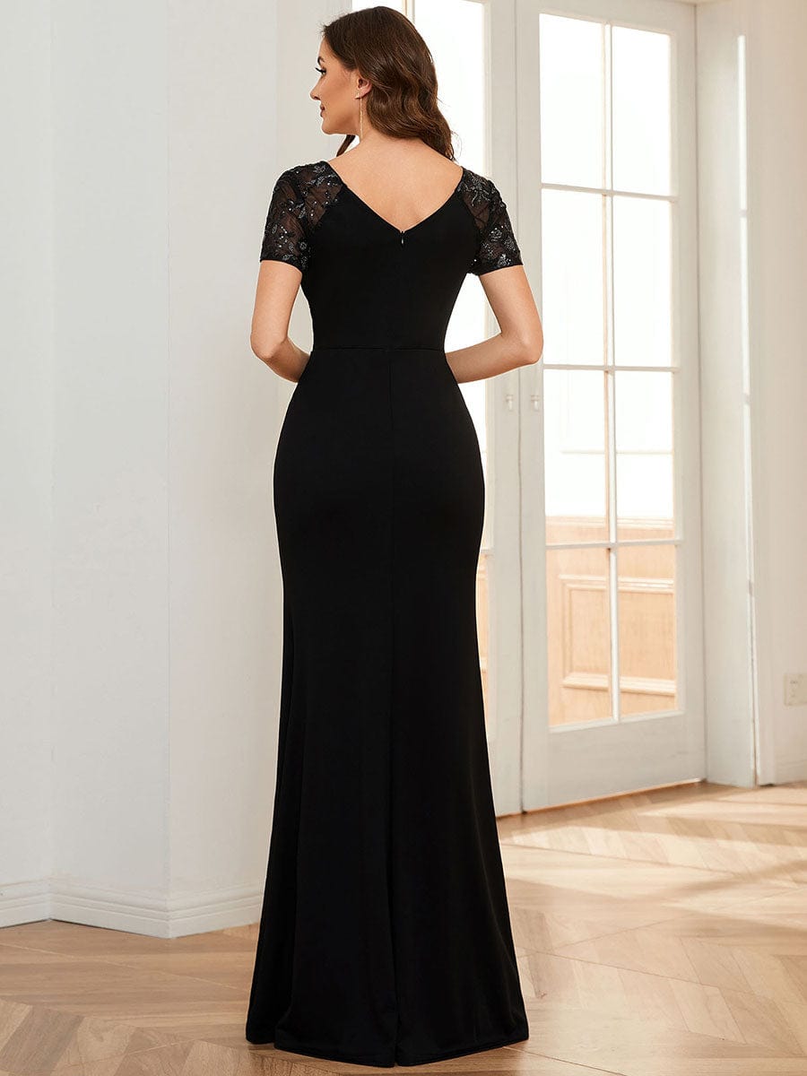 Short Sequin Sleeve V-Neck Front Slit Mother of the Bride Dress