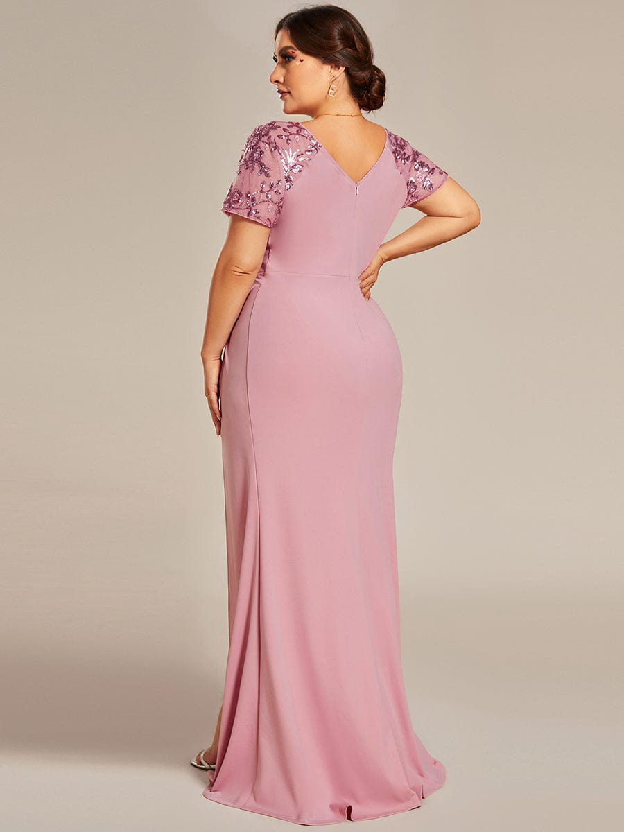 Short Sequin Sleeve V-Neck Front Slit Mother of the Bride Dress