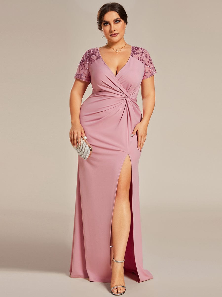 Short Sequin Sleeve V-Neck Front Slit Mother of the Bride Dress