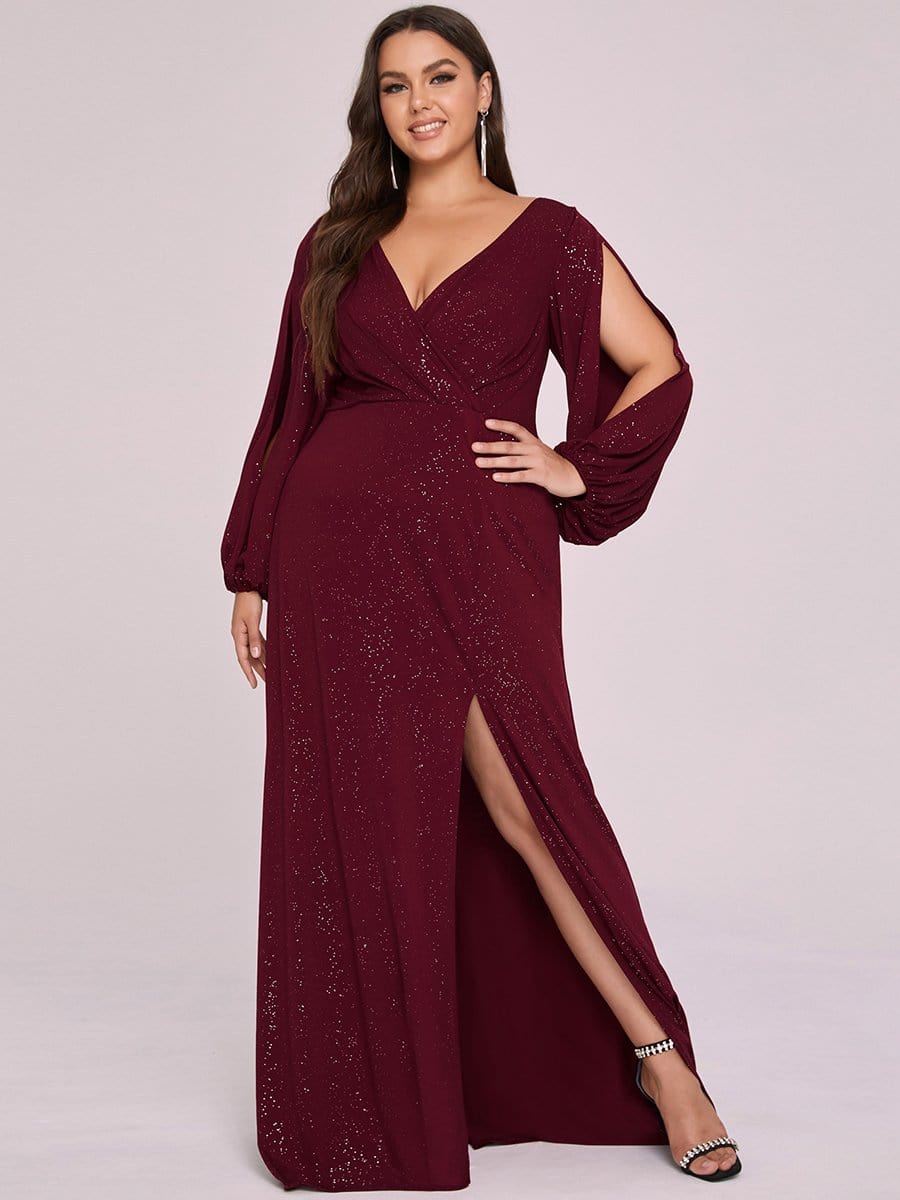 Color=Burgundy | Sexy V Neck Split Maxi Mother Of The Bridesmaid Dress-Burgundy 3