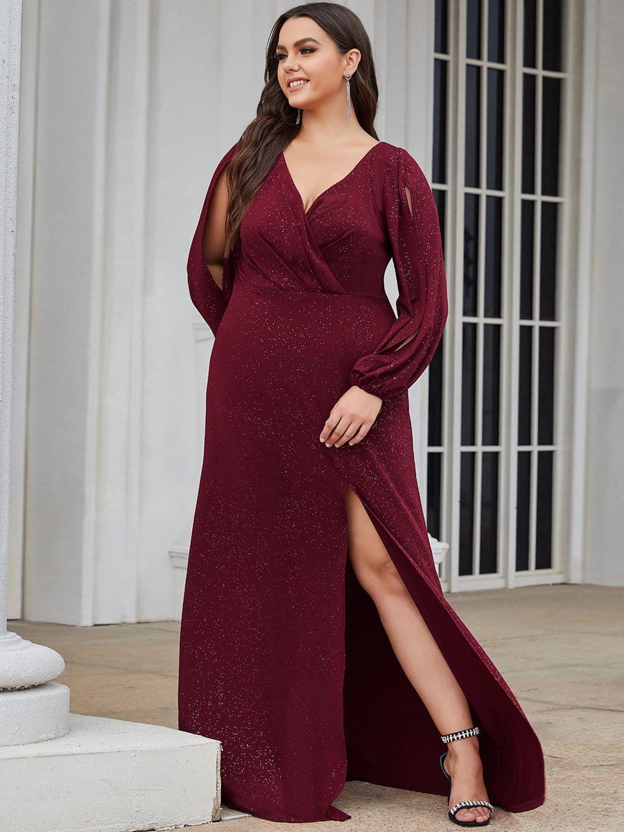 Color=Burgundy | Sexy V Neck Split Maxi Mother Of The Bridesmaid Dress-Burgundy 1