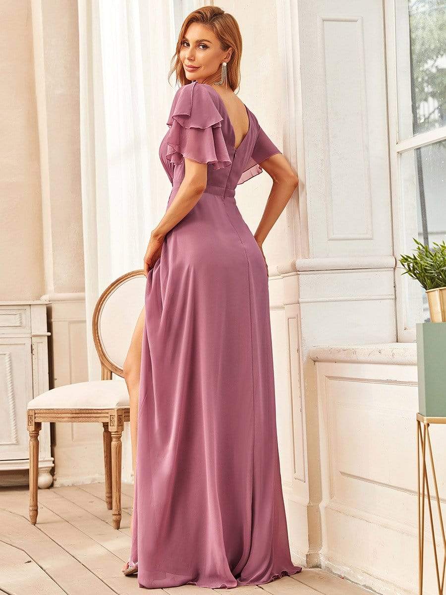 Easy Flow Ruffled Sleeve A-line Front Slit Mother Dress