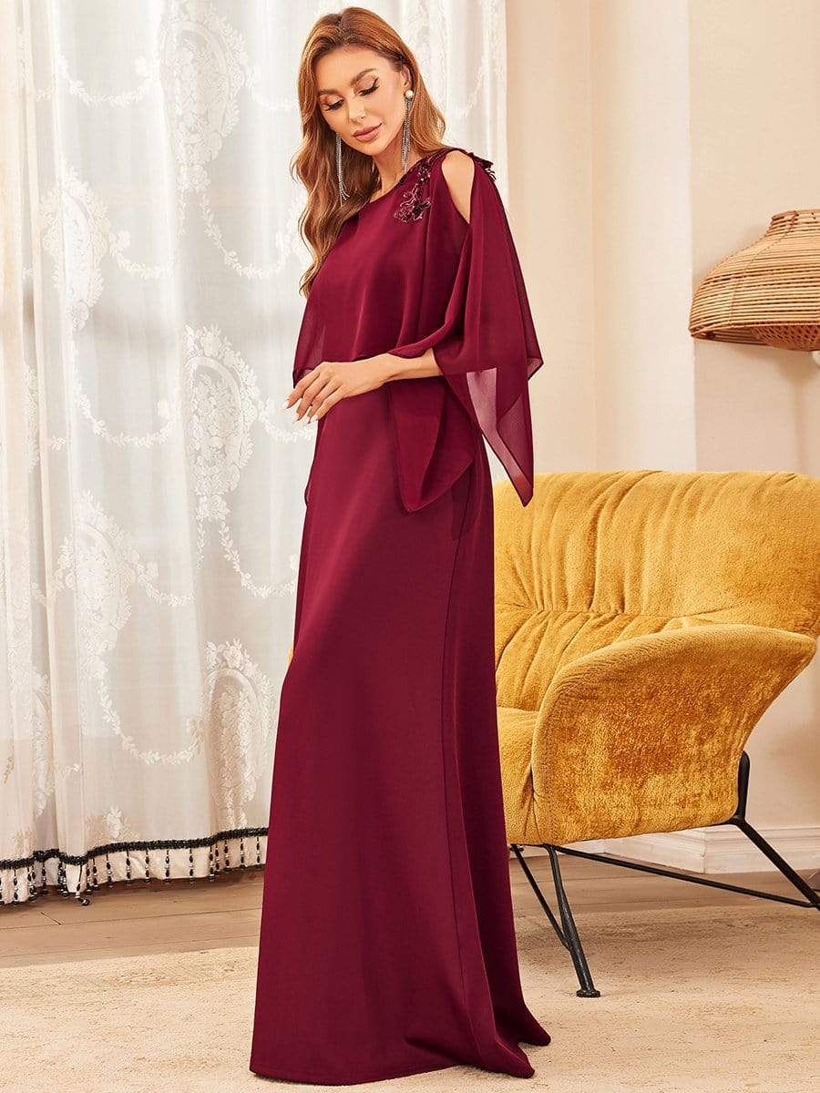 Color=Burgundy | Elegant Cape Applique A-Line Mother Of The Bride Dress-Burgundy 5