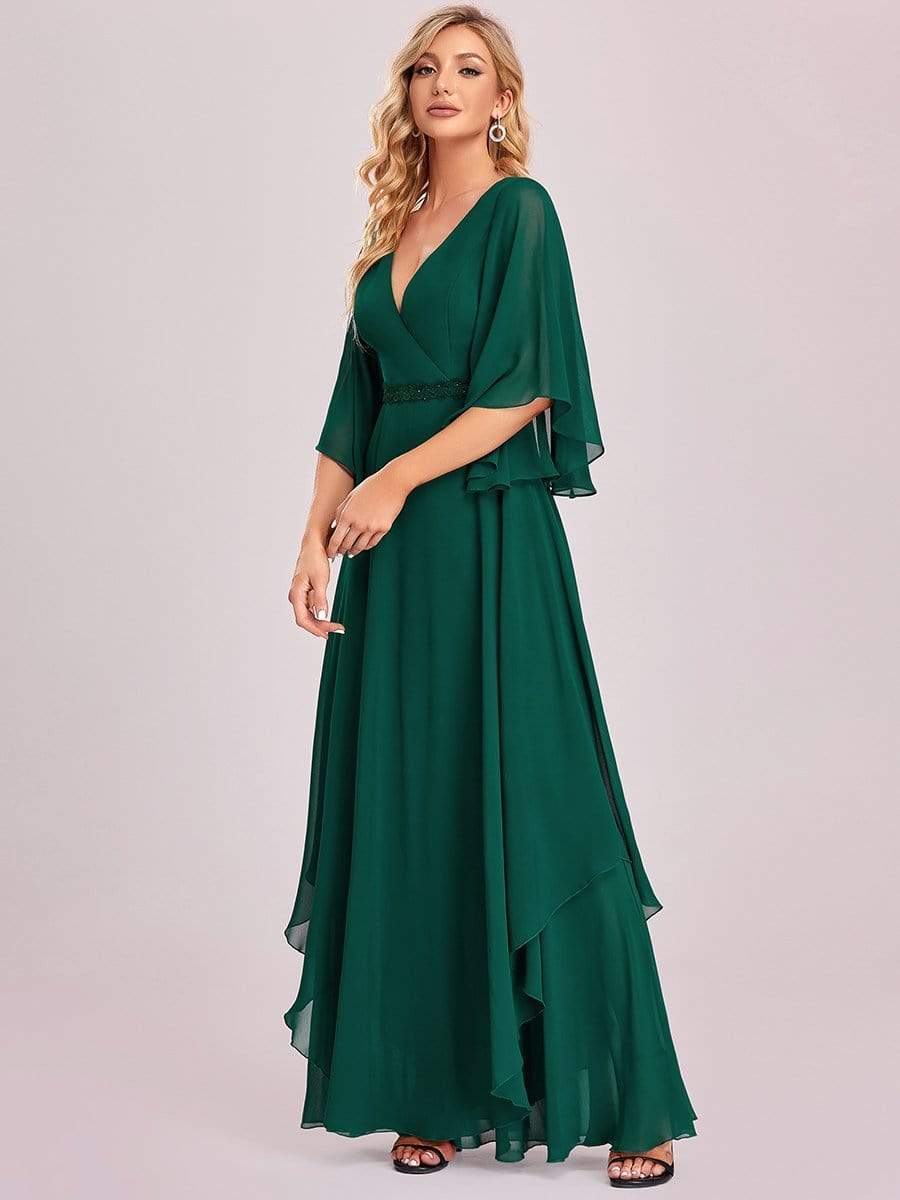 Color=Dark Green | Flutter Sleeve V-Neck Ruffle A-Line Mother Of The Bride Dress-Dark Green 6