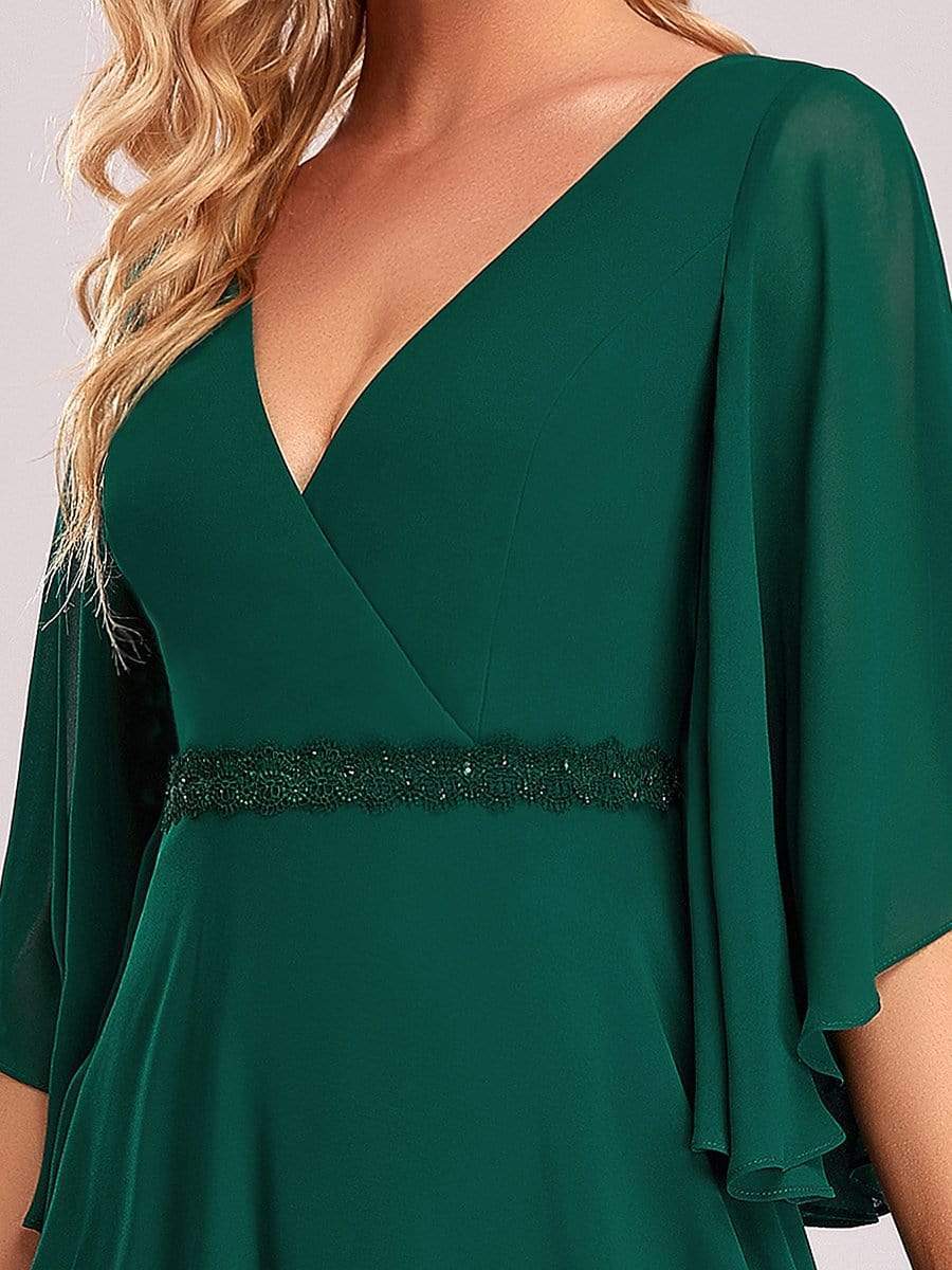 Color=Dark Green | Flutter Sleeve V-Neck Ruffle A-Line Mother Of The Bride Dress-Dark Green 7