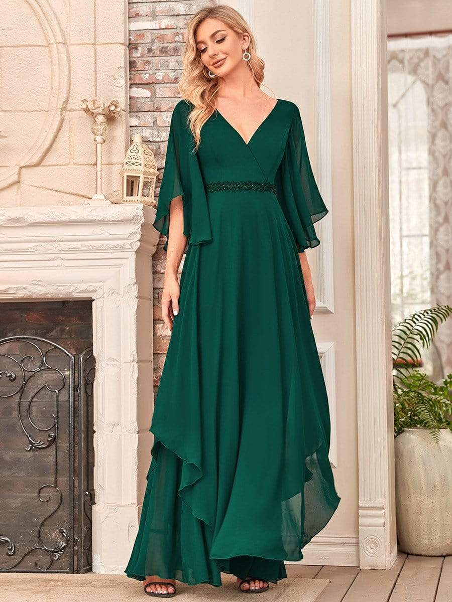 Color=Dark Green | Flutter Sleeve V-Neck Ruffle A-Line Mother Of The Bride Dress-Dark Green 1