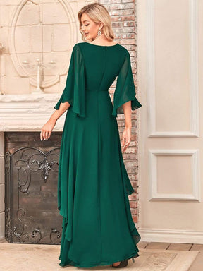 Color=Dark Green | Flutter Sleeve V-Neck Ruffle A-Line Mother Of The Bride Dress-Dark Green 4