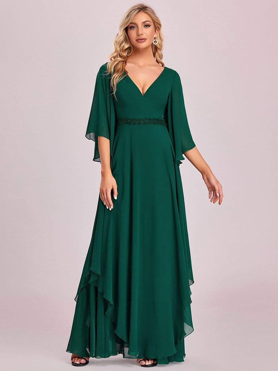 Color=Dark Green | Flutter Sleeve V-Neck Ruffle A-Line Mother Of The Bride Dress-Dark Green 5