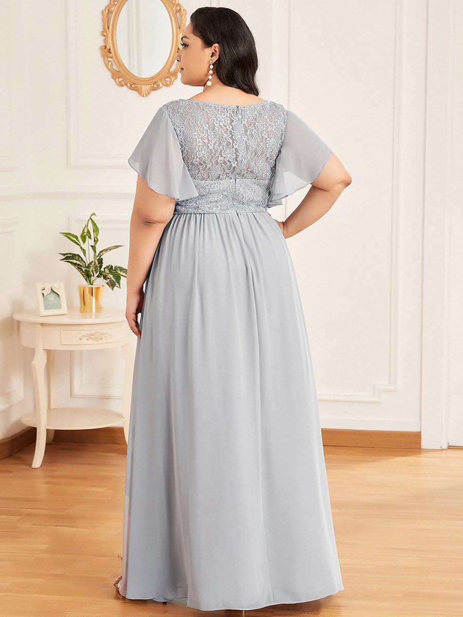 Color=Grey | Deep V Plus Size Flared Sleeves Embroidered Long Bridesmaid Dress-Grey 2