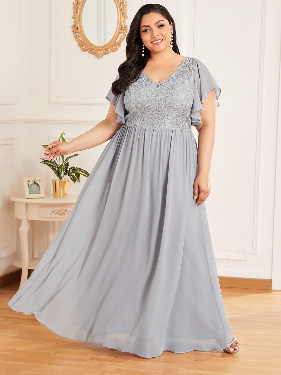 Color=Grey | Deep V Plus Size Flared Sleeves Embroidered Long Bridesmaid Dress-Grey 4