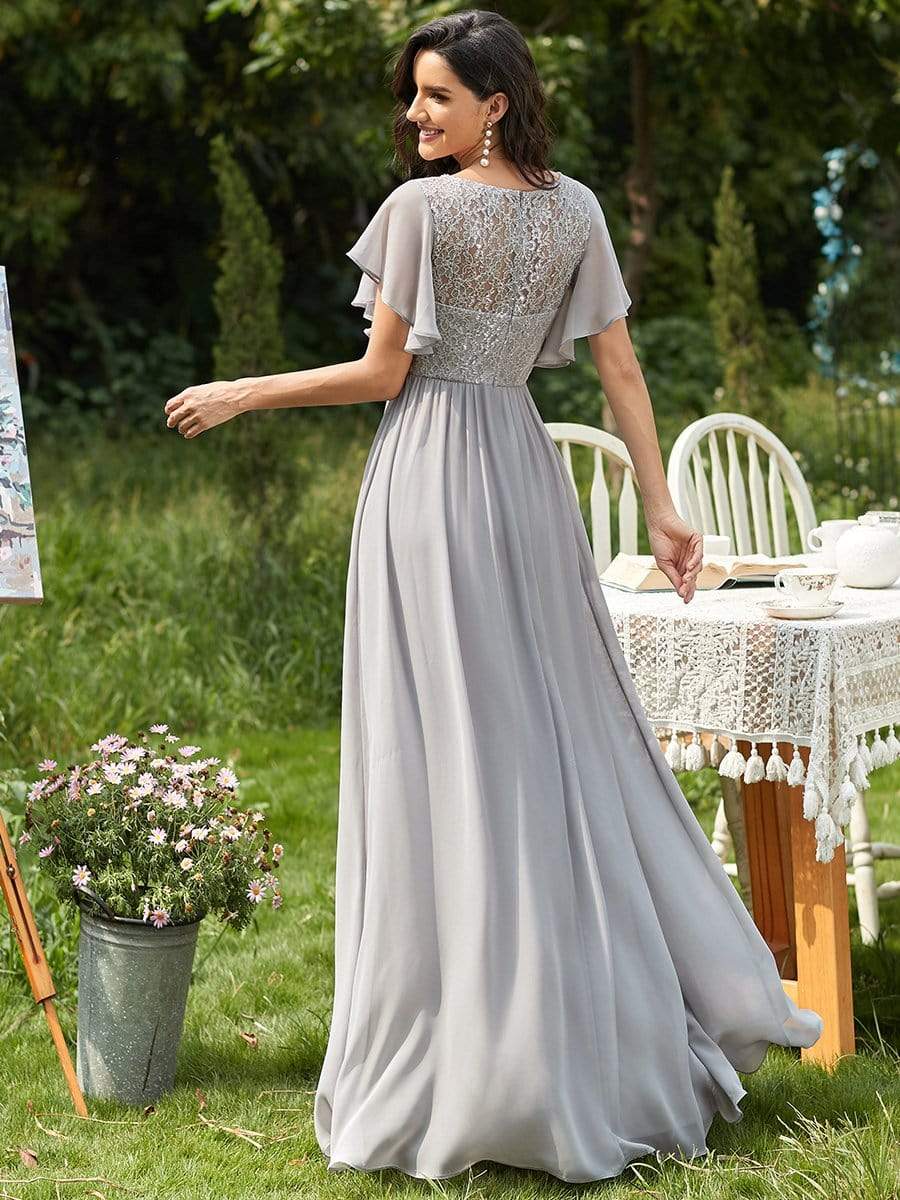 Color=Grey | Deep V Flared Sleeves Embroidered Long Mother of The Bride Dresses-Grey 2