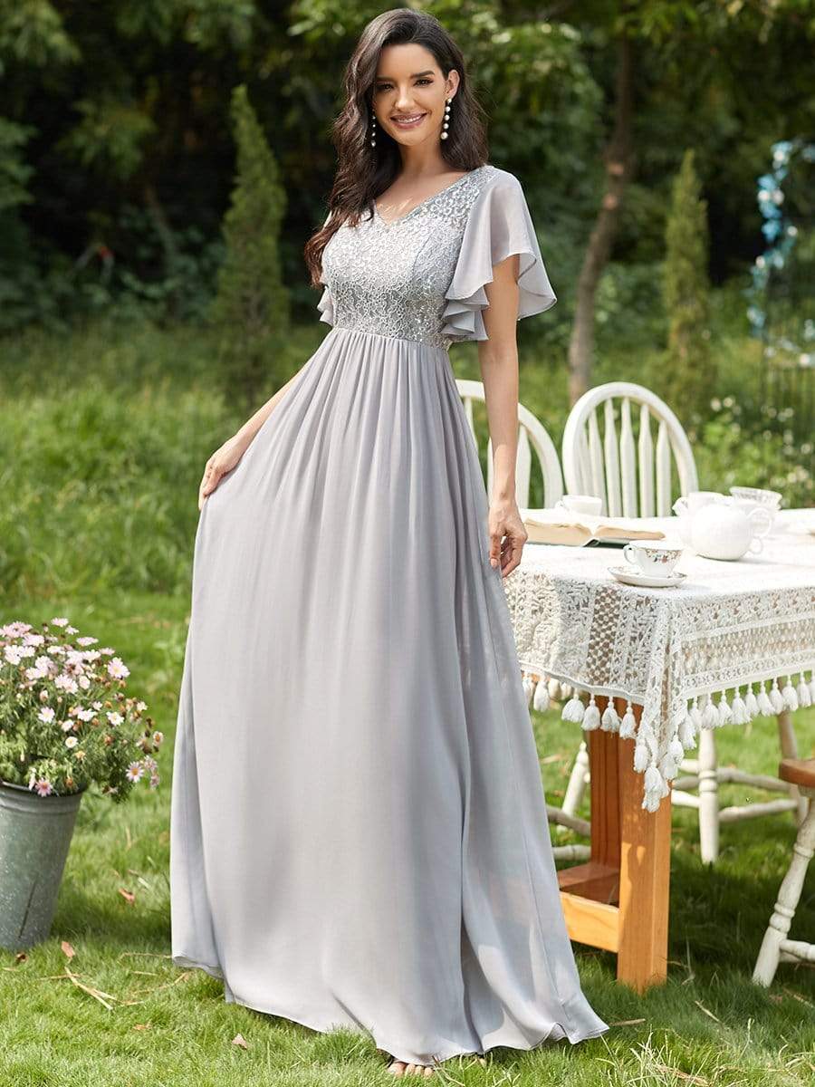 Color=Grey | Deep V Flared Sleeves Embroidered Long Mother of The Bride Dresses-Grey 1