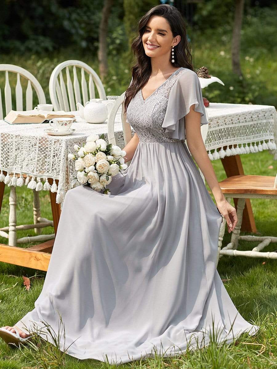 Color=Grey | Deep V Flared Sleeves Embroidered Long Mother of The Bride Dresses-Grey 4